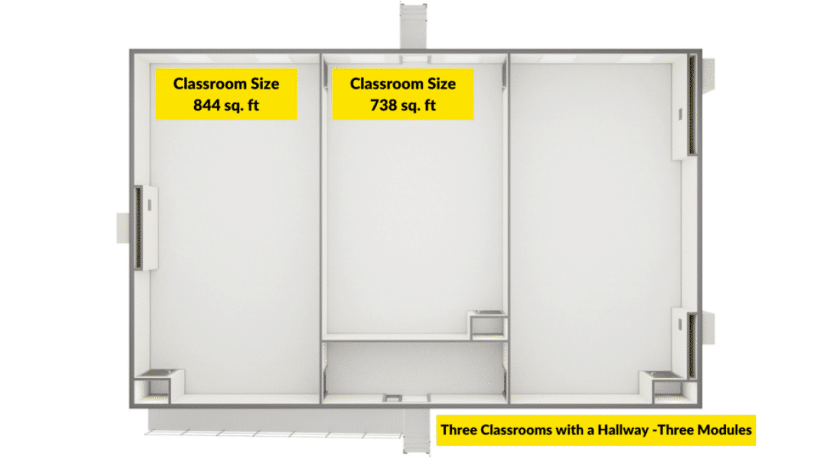 Blueprint of three modular classrooms with a hallway