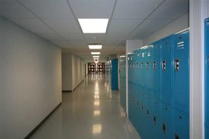 An interior hallway of a modular school building.