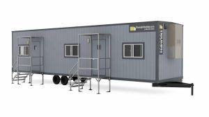 photo of 10x44 mobile office trailer with stairs exterior