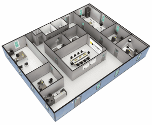 A modular office concept design with cubicles and interior furnishings using the Blocs walls.