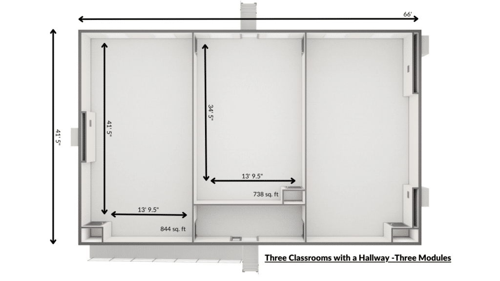 Three classrooms with a hallway