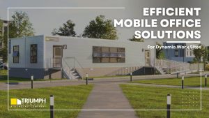 Mobile office solutions featuring triumph modular construction, showcasing a temporary modular building surrounded by green landscaping.