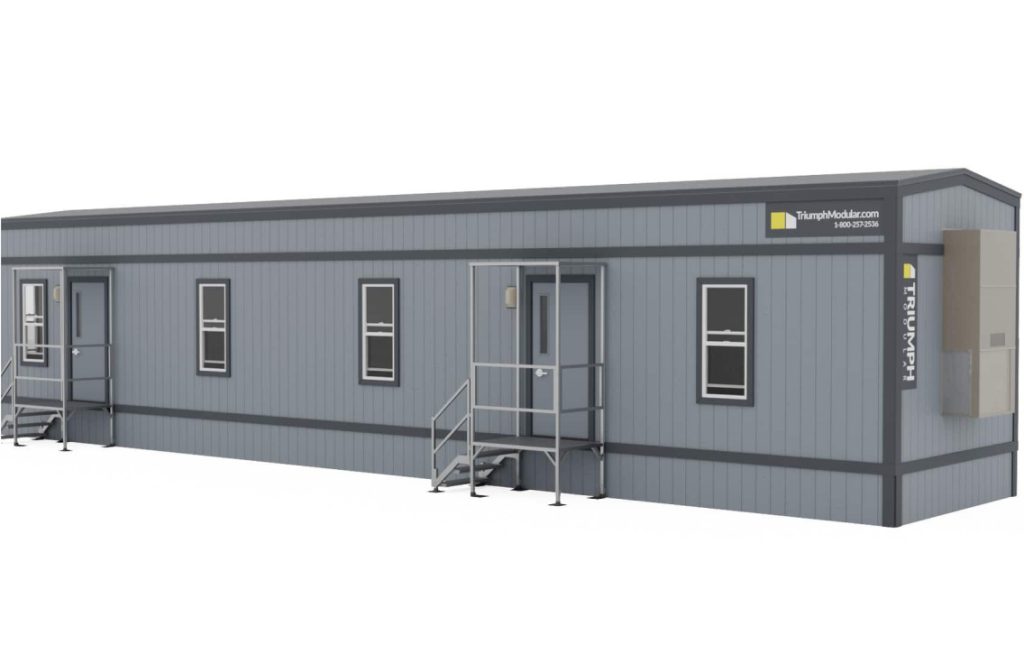 Modular building design featuring a temporary modular building with steps and multiple windows, ideal for various construction needs.