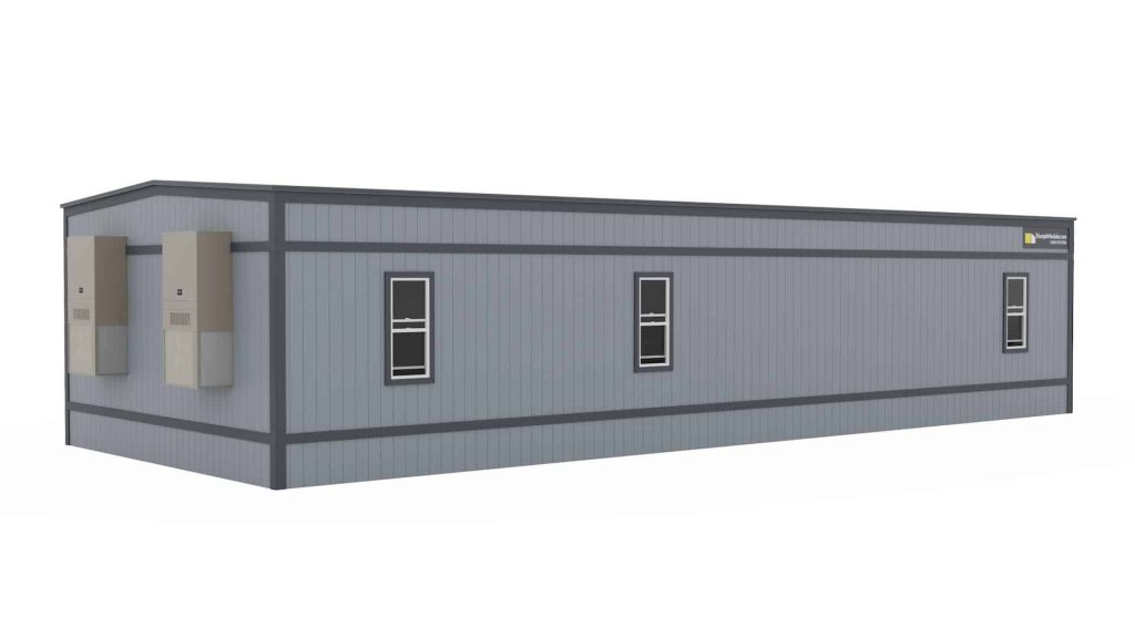 A modern temporary modular building featuring a sleek gray exterior, designed for flexibility in modular construction applications.
