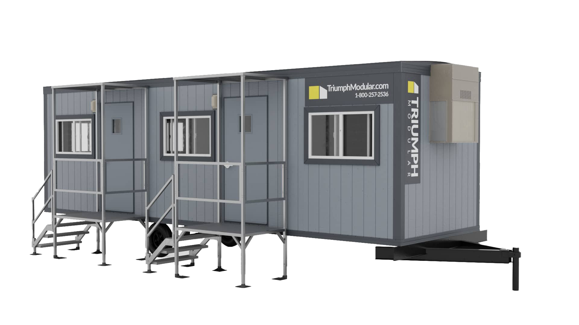 8x32 office trailer with single entry door, exterior stairs, and HVAC unit, shown on white background with Triumph Modular branding