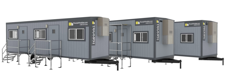 three triumph construction office trailers against white background