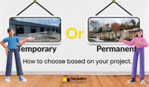 two 3D people pointing at different pictures on the wall. The picture to the left is of a temporary modular building and the picture to the right is of a permanent modular building.
