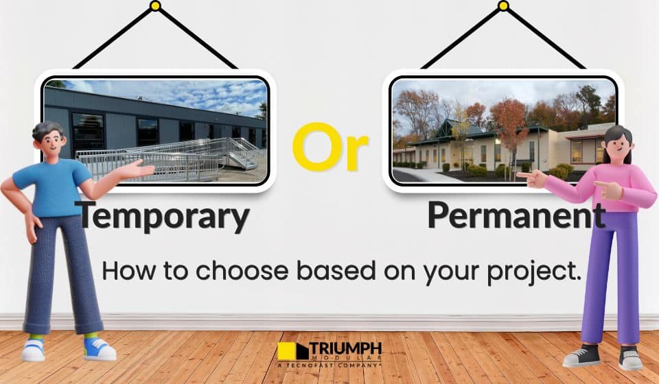 two 3D people pointing at different pictures on the wall. The picture to the left is of a temporary modular building and the picture to the right is of a permanent modular building.