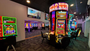 modular building for first light casino interior with gaming machines and televisions