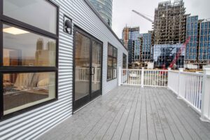 exterior of modular office building in boston seaport showing doors and windows