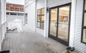 glass entry doors of modular office building