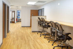 interior of modular office building in boston showing work stations